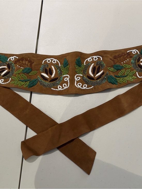 Ibisco Accessories - Vintage Boho Ibisco Embroidered and Beaded Brown Suede Tie Belt.